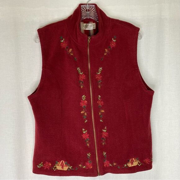 Longaberger Vintage 80s Red Fleece Zip Up Embroidered Basket Sleeveless Vest L - Picture 2 of 9